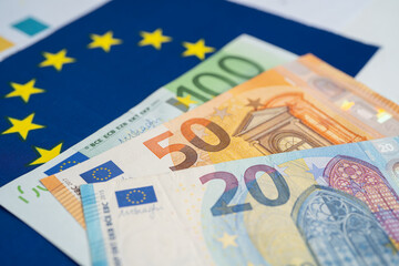 EU banknotes money on flag in europe , Business and finance concept.
