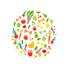 illustration, healthy lifestyle concept, sport equipment and proper nutrition, fruits.