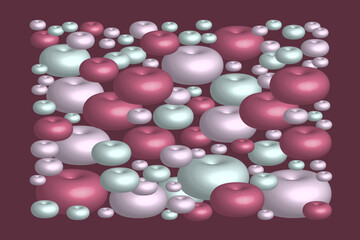 Dark purple background with 3d spherical multicolored pearl geometric shapes. Pacific  Pink, pastel green trendy color bubbles.  Abstract modern banner, poster, flyer. Pattern texture screen. Frame.