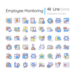 Employee monitoring RGB color icons set. Worker performance. Tracking productivity at work. Time management. Isolated vector illustrations. Simple filled line drawings collection. Editable stroke