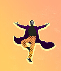 Contemporary art collage. Inspiration, idea, trendy urban magazine style. Composition with modern, stylish man in warm clothes in cold weather