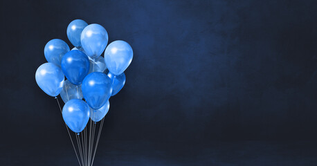 Blue balloons bunch on a black wall background. Horizontal banner.