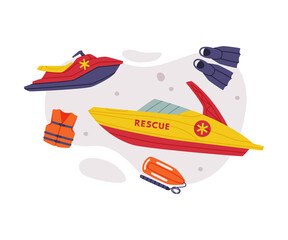 Rescue Equipment with Boat as Specialized Machine and Emergency Vehicle for Urgent Saving of Life Vector Illustration