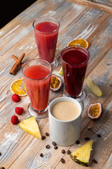Assortment of seasonal coffee house drinks, tropical teas, berry compotes and creamy sweet coffee