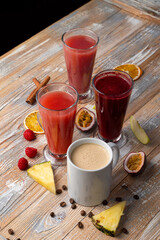 Assortment of seasonal coffee house drinks, tropical teas, berry compotes and creamy sweet coffee