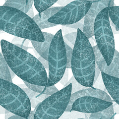 Decorative Turquoise Green Leaves. Abstract Floral seamless pattern with hand drawn textures. Spring Forest Foliage. Modern Natural background for invitation, wrapping paper, textile, fabric, cover