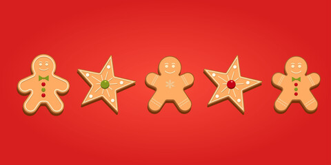 Gingerbread set. Ginger cookie isolated on red background. Vector illustration. Ginger cookie cover by icing-sugar
