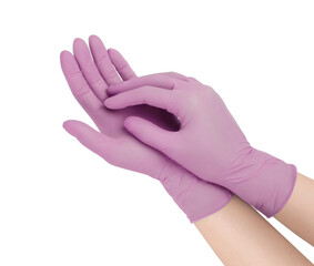 Medical gloves. Two pink surgical gloves isolated on white background with hands. Rubber glove manufacturing, human hand is wearing a latex glove. Doctor or nurse putting on protective gloves.