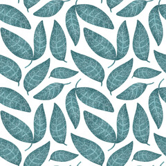 Decorative Turquoise Green Leaves. Abstract Floral seamless pattern with hand drawn textures. Spring Forest Foliage. Modern Natural background for invitation, wrapping paper, textile, fabric, cover