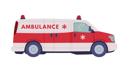 Van or Truck with Siren as Ambulance Emergency Rescue Service Vehicle and Medical Care Transport Vector Illustration