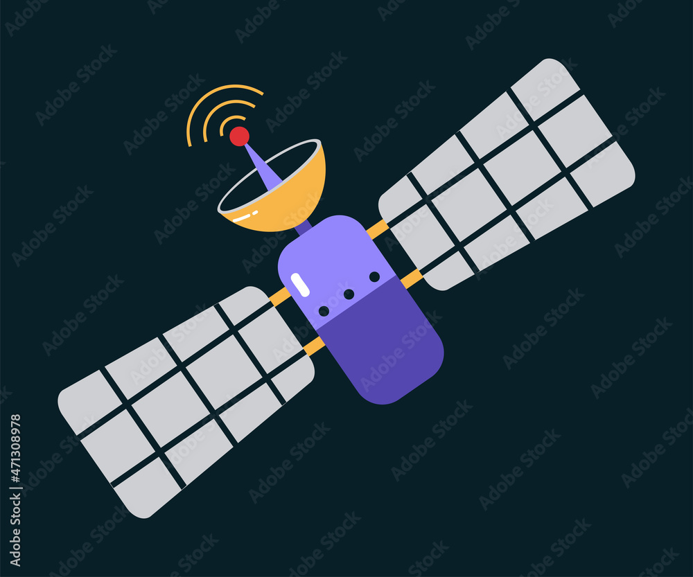 Sticker Space Adventure with Sputnik or Satellite Exploring Galaxy Vector Illustration