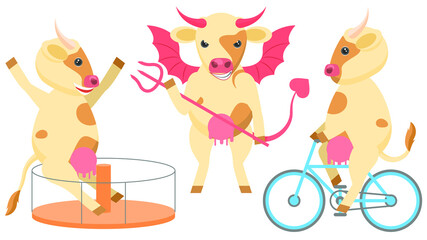 Set Abstract Collection Flat Cartoon 
Different Animal Cows Rides A Carousel, Riding A Bicycle, Devil With Horns And Trident Vector Design Style Elements Fauna Wildlife