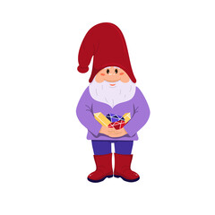 A cute gnome in a red hat and boots holds multi-colored diamonds in his hands. The gnome smiles. Long beard. Flat style. Isolated on a white background. Long mustache. Vector illustration