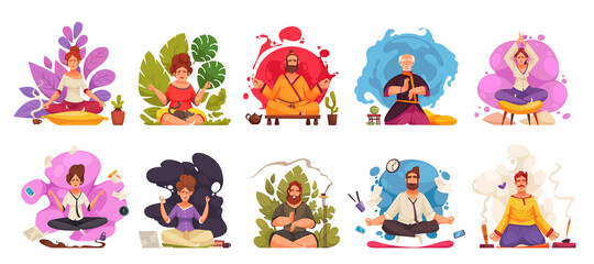 Obraz premium Meditation Yoga Cartoon Compositions