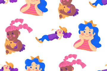 Seamless pattern with cute little girls. 