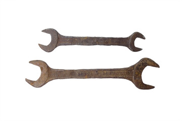 Old Rusty spanner isolated on white background.