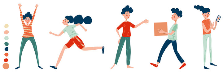 Banner with funny characters occupied with  different activities, moving, running, talking, sending message, online shopping, cheering up. Isolated figures on white background.