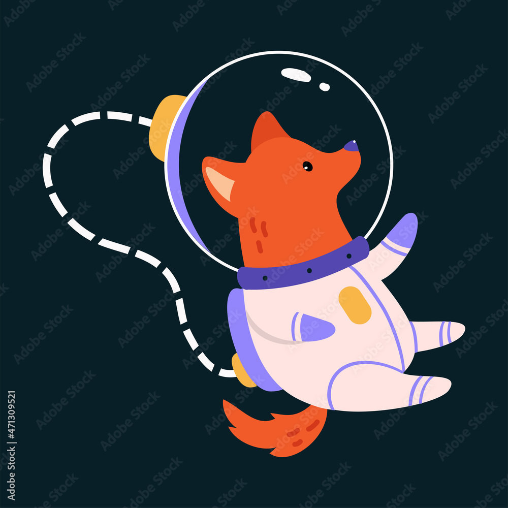 Poster Space Adventure with Dog Astronaut in Spacesuit Floating Exploring Galaxy Vector Illustration