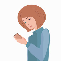 The girl looks at the phone. A girl holds a phone in her hand, reads a message, talks on a video call. Vector. 