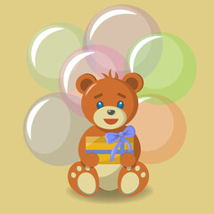 Teddy bear with a gift on the background of balloons.
