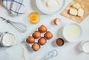 top view on light background with ingredients for making dough
