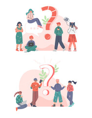 Fototapeta premium Puzzled People Character Asking Question and Searching for Answer Around Interrogation Mark Vector Illustration Set