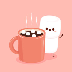 Funny Marshmallows characters  and cup of coffee. Marshmallows character design. Dessert cartoon.