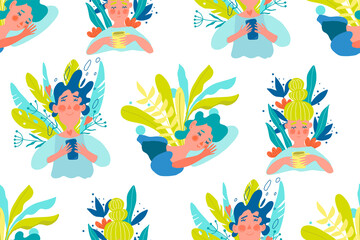 Seamless pattern with relaxing female. Plants and nature. Tea drinking, sleeping, reading messages, listening music. Girls and harmony.