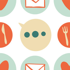 Seamless pattern with icons. Food, fork and knife icon, message. email. Online internet technology.