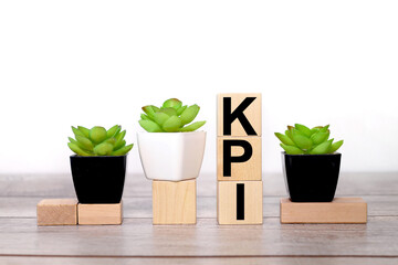 KPI. text on wood boards on a white background on a wood table and plants in a pot