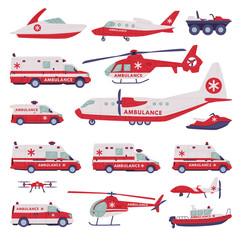 Red and White Ambulance as Rescue Equipment or Specialized Machine and Emergency Vehicle for Urgent Saving of Life Vector Set