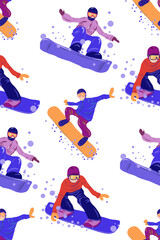 Seamless pattern with snowboarding. People at snowboard. Winter sport.