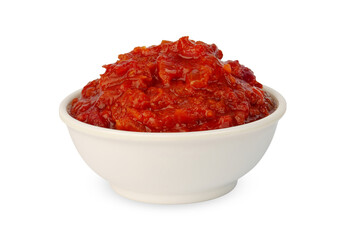 ketchup or tomato sauce in white bowl, isolated on white