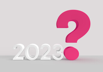 Gray 2023 with pink, purple question mark as new year card or background.