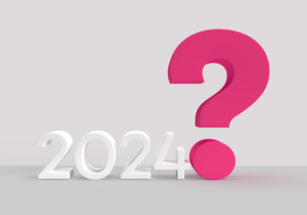 Gray 2024 with pink, purple question mark as new year card or background.
