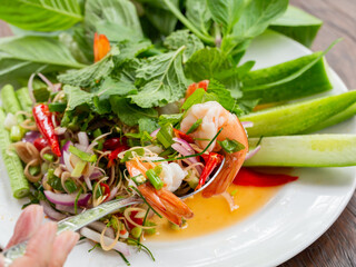 Spicy Shrimp salad with herb, Thai dish