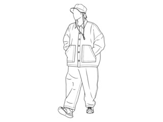 man wearing bucket hat walk hand in pocket Human character on white background. Hand drawn style vector design illustrations.