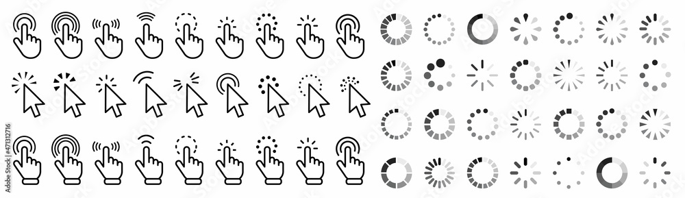 Poster Hand clicking icon collection.Pointer click icon. Loading icon design.Set of Hand Cursor icons click and Cursor icons click. Click cursor icon.