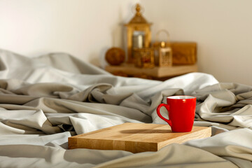 Breakfast in bed and blank in Christmas morning 