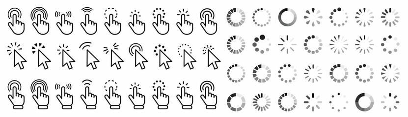 Hand clicking icon collection.Pointer click icon. Loading icon design.Set of Hand Cursor icons click and Cursor icons click. Click cursor icon. - obrazy, fototapety, plakaty