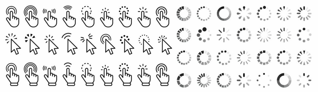 Hand clicking icon collection.Pointer click icon. Loading icon design.Set of Hand Cursor icons click and Cursor icons click. Click cursor icon.