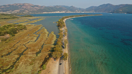 Aerial drone photo of beautiful long sandy organised beach of Drepano in area of Igoumenitsa, Epirus, Greece