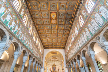 Ravenna, Italy - 01.11.2021 - Nave of the Basilica of Sant Apollinare Nuovo in Ravenna, Emilia Romagna, Italy, Europe