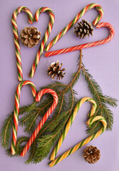 Christmas caramel or Christmas caramel canes, a branch of an ordinary spruce and fir cones 