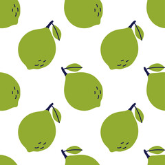 Lime fruit with leaf. Seamless pattern. Hand drawn vector illustration. Green exotic food.