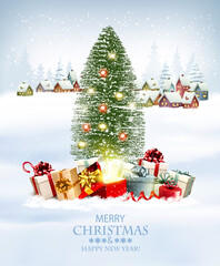 Happy Merry Christmas and New Year holiday background with presents, christmas tree and and winter village. Vector.