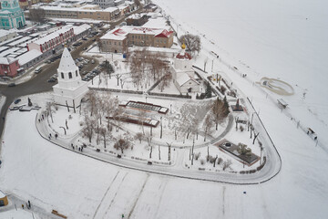 Scenic aerial view of ruins of ancient Kremlin in historical center of old russian town Syzran in Samara region in Russian Federation. Beautiful winter look of old ruined fortress in town in Russia