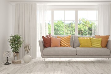 White living room with sofa and summer landscape in window. Scandinavian interior design. 3D illustration