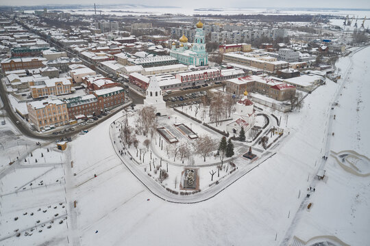 Scenic aerial view of ruins of ancient Kremlin in historical center of old russian town Syzran in Samara region in Russian Federation. Beautiful winter look of old ruined fortress in town in Russia