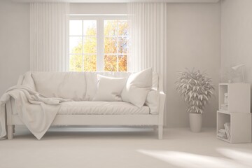 Stylish room in white color with sofa and autumn landscape in window. Scandinavian interior design. 3D illustration